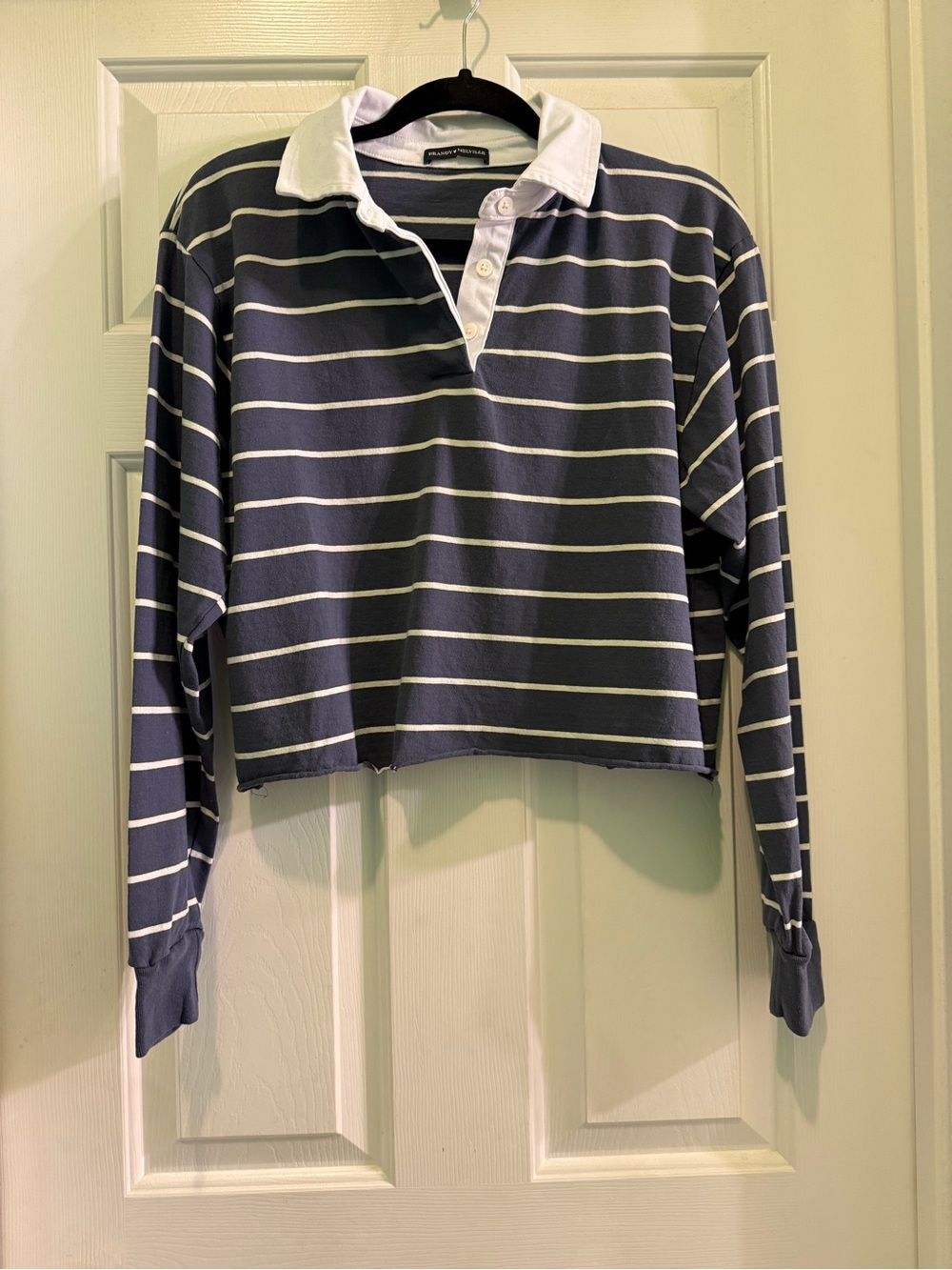 Brandy Melville Blue & White Striped Cropped Rugby Polo